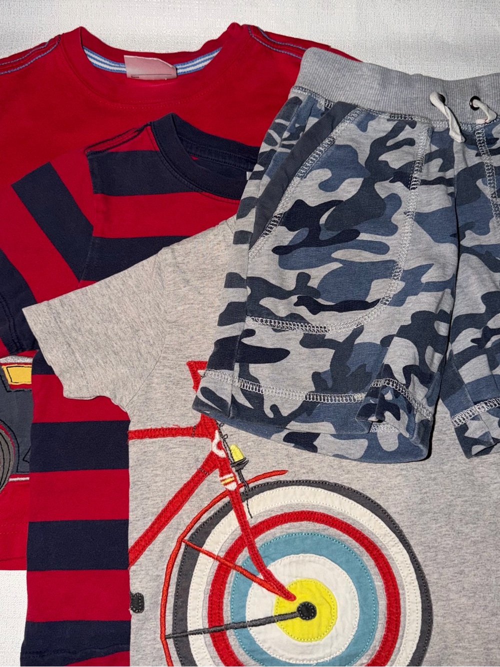 Hanna Andersson Blue Camo Shorts, Two HA tops Tops and One Mini Boden Top